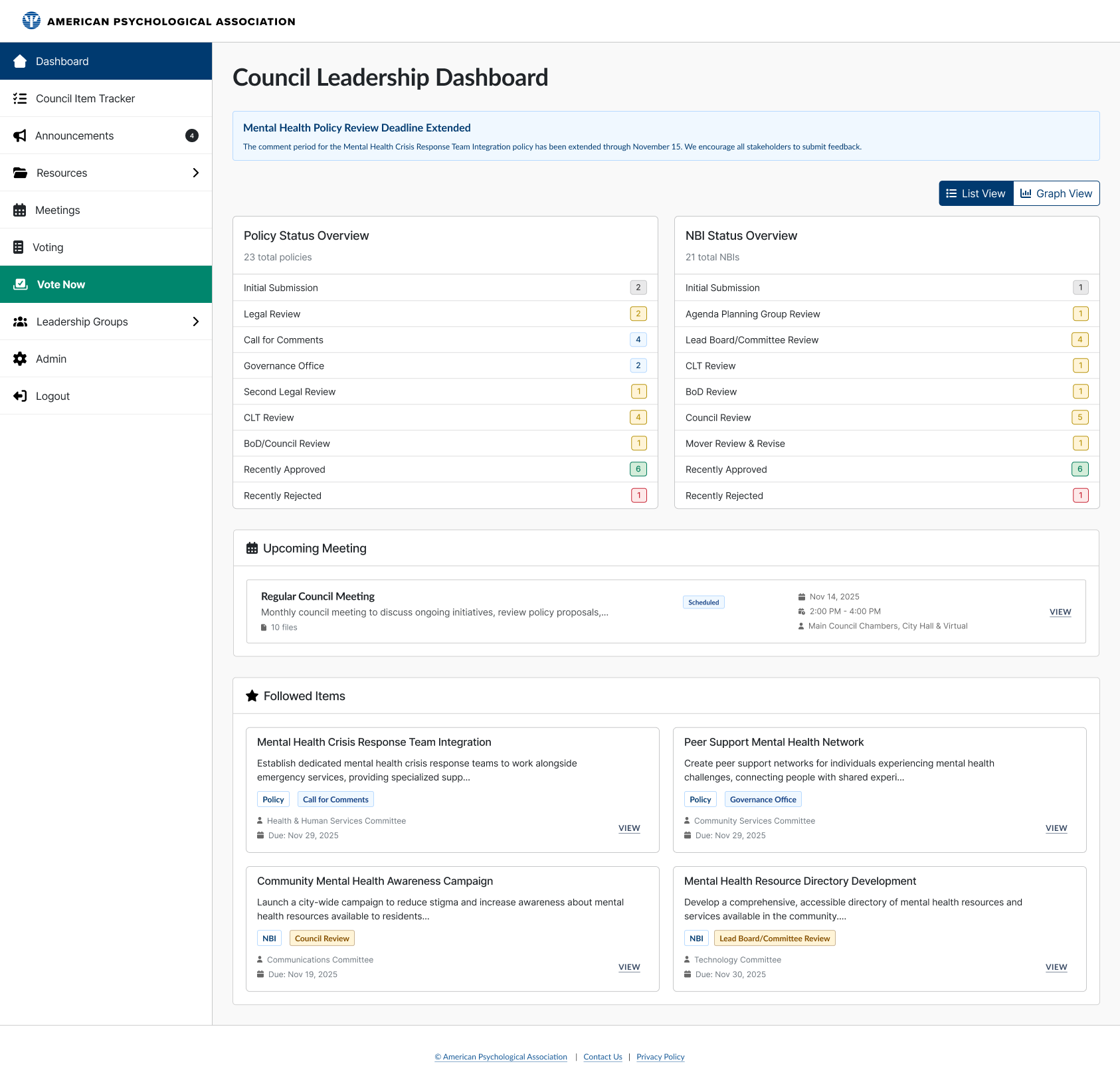 Council Leadership Dashboard with Policy and NBI status-overview panels broken down by review stage, an upcoming meeting card, and a grid of followed items each showing tags, committee, and due date.