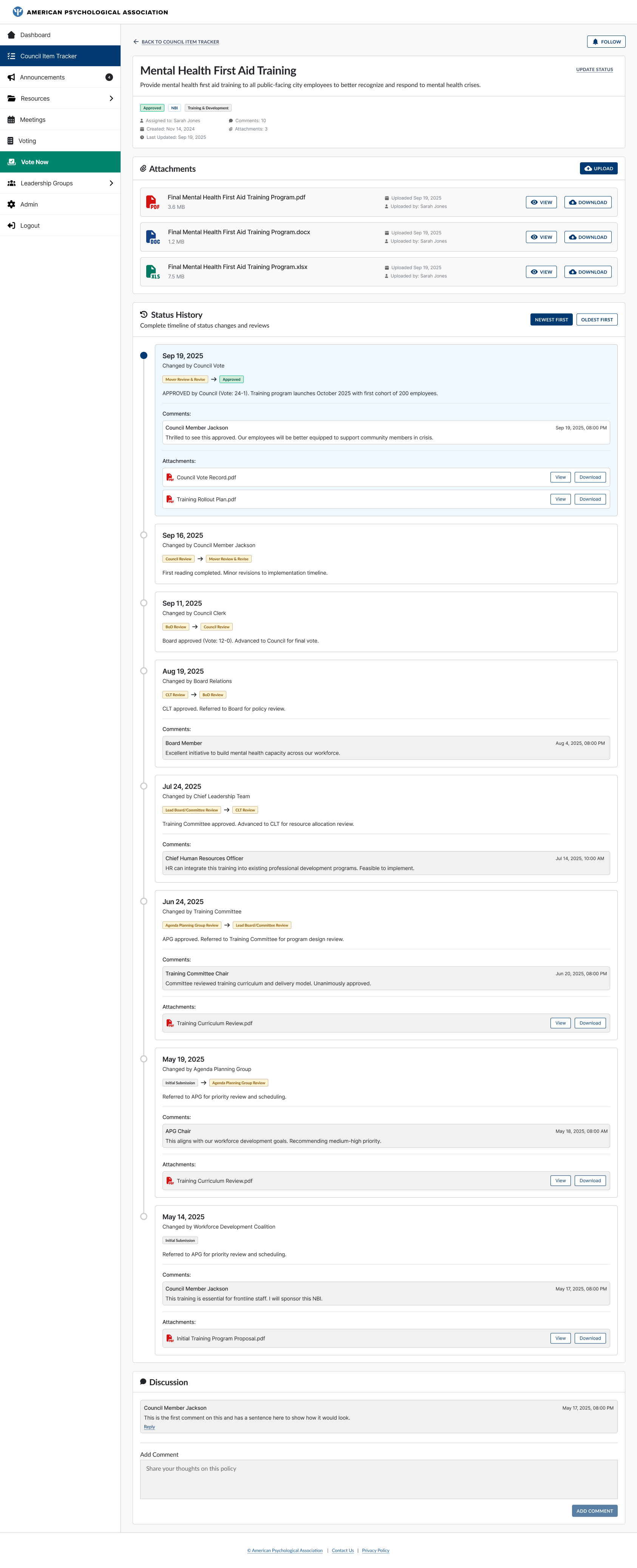An individual council item, Mental Health First Aid Training, showing Approved/NBI/Training and Development status badges, three file attachments with view and download actions, and a full status-history timeline with comments from each review stage.