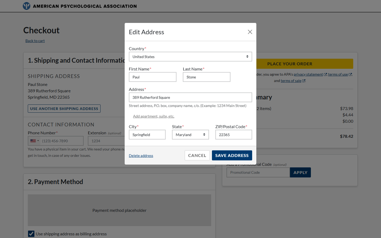 Edit Address modal open over the checkout page, with fields for country, name, street address, city, state, and ZIP, plus Delete address, Cancel, and Save address actions.
