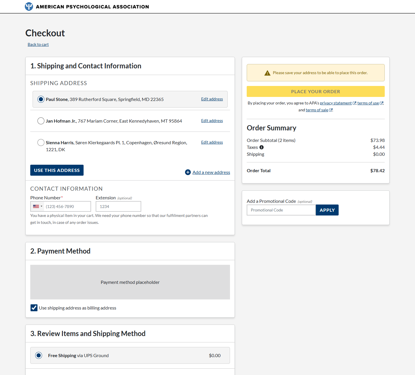 Checkout shipping-address selector expanded to show three saved addresses as radio options, each with an Edit address link, plus Add a new address and Use this address controls.