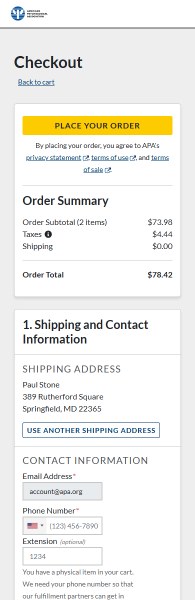 The same checkout page reflowed for mobile: the order summary and place-order button move above the form sections, which stack in a single column.