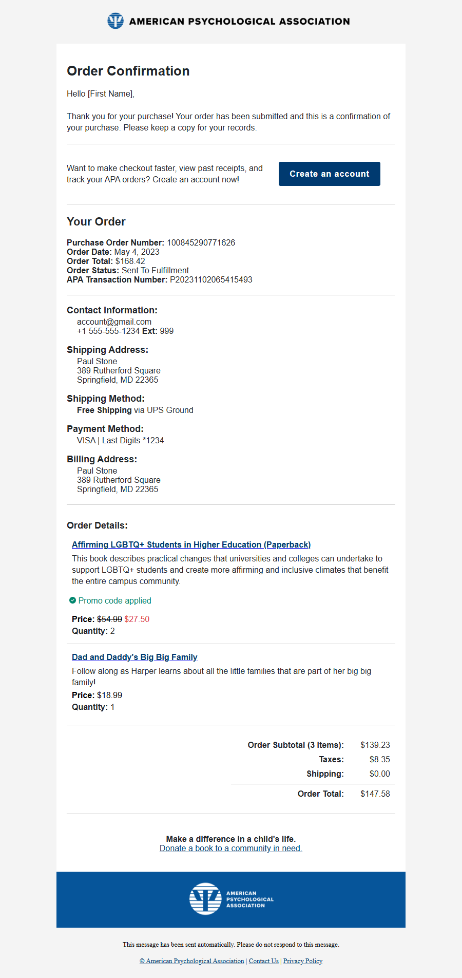 Order confirmation email for a guest (not logged in): a Create an account prompt in place of access instructions, order details with a promo discount applied, and the same donation prompt.