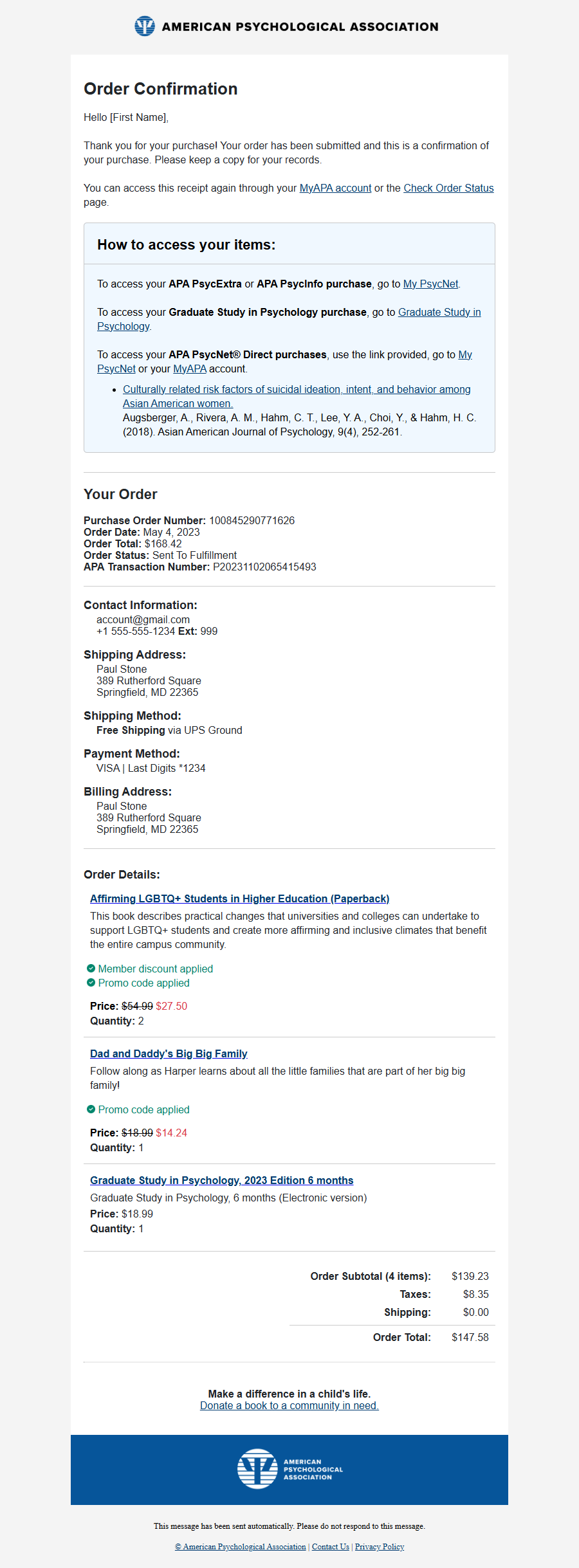 Order confirmation email for a logged-in member: purchase summary, an access-instructions callout linking to My PsycNet and Graduate Study in Psychology, order details with member and promo discounts applied, and a donation prompt.