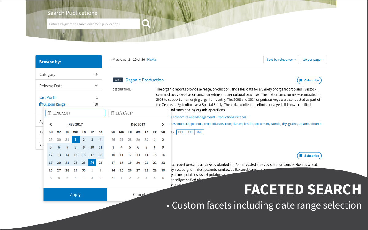 Search results for Organic Production with a Browse by sidebar (Category, Release Date) and an open custom date-range picker spanning two months, plus a Subscribe button on the result.