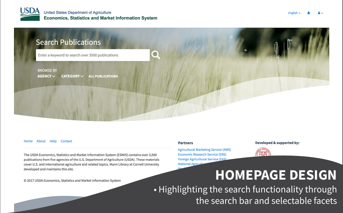 ESMIS homepage with a Search Publications hero over a wheat-field photo, Browse by Agency and Category controls, an All Publications link, and footer sections for partners and site info.