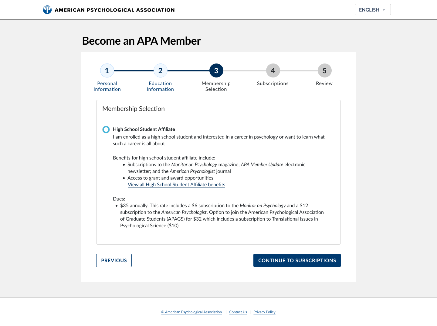 The same Membership Selection step showing a completely different single option, High School Student Affiliate, for $35 annually, based on different answers earlier in the form.