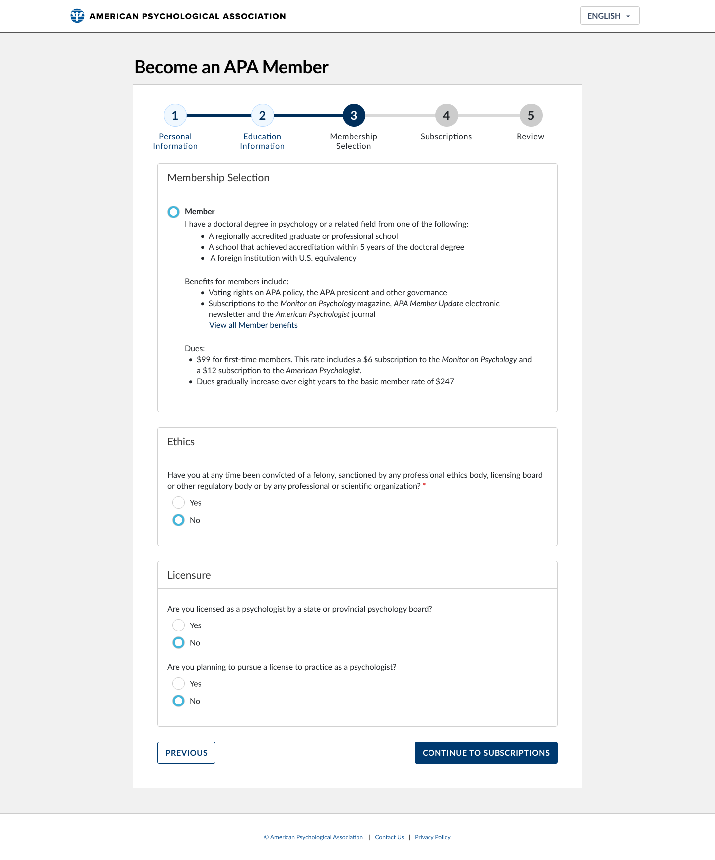 Membership Selection step showing a single available option, Member, for an applicant with a qualifying doctoral degree, with benefits and $99 dues listed.