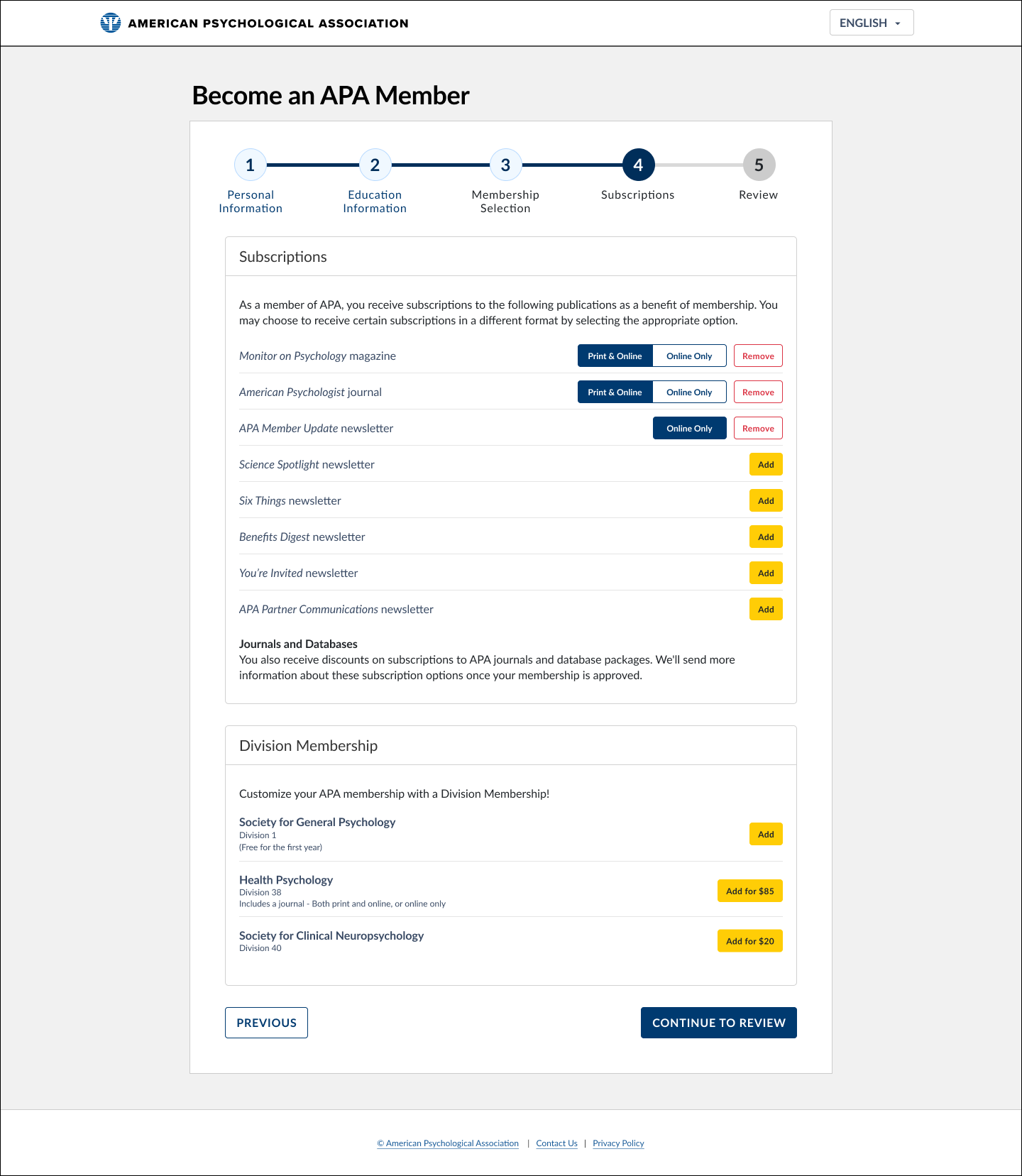 Subscriptions step listing included publications with format toggles (Print & Online / Online Only), several optional newsletters with Add buttons, and paid Division memberships such as Health Psychology for $85.