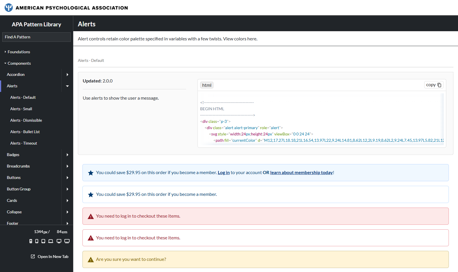 The Alerts component page, showing the left navigation with Alerts variants listed (Default, Small, Dismissible, Bullet List, Timeout), a one-line usage note, a copyable HTML code block, and the rendered alert examples below it.