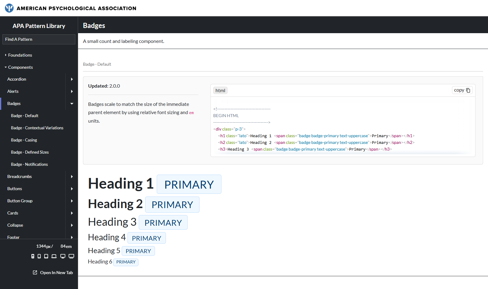 The Badges component page, showing usage guidance about badges scaling with relative font sizing, a copyable HTML code block, and a Primary badge rendered next to headings from H1 through H6 to demonstrate that scaling.