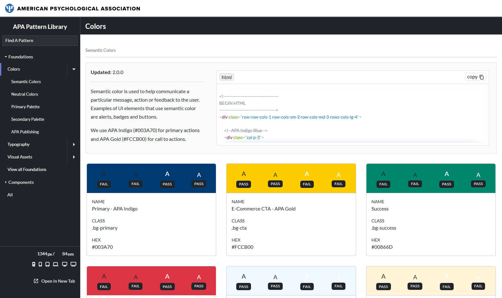 The Colors foundation page in the pattern library, showing the left navigation tree, a usage-guidelines note explaining semantic color, a copyable HTML code block, and a grid of color swatches with accessibility pass/fail badges for text-on-color contrast.