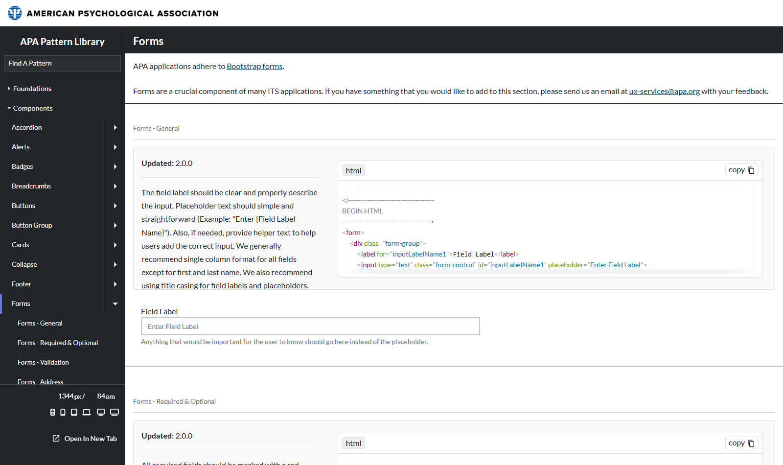 The Forms component page, showing a longer usage-guidelines passage about field labels, placeholder text, and helper text, a copyable HTML code block, and the rendered form field below it, with additional Forms variants listed in the left navigation.