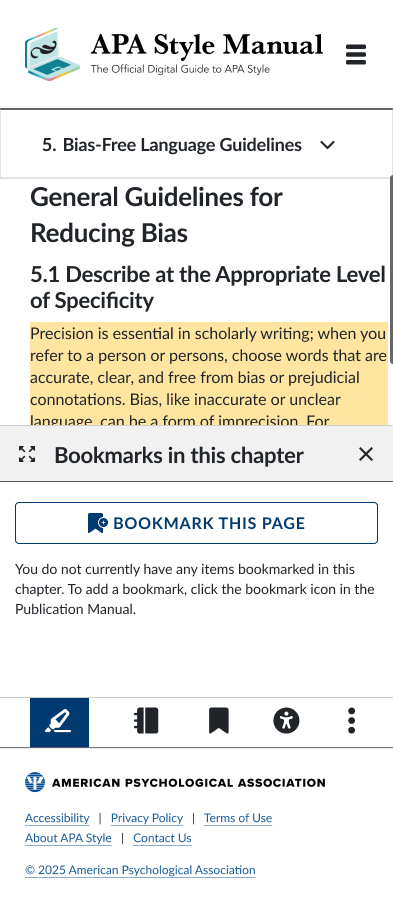 Mobile bookmarks panel, empty state, shown as a bottom sheet over a condensed single-column chapter view with a collapsed navigation menu.