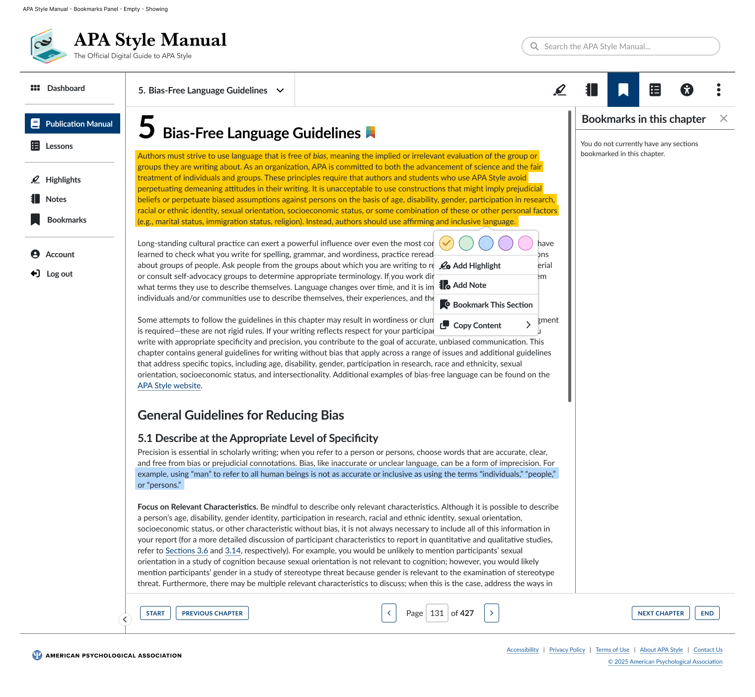 Bookmarks panel, empty state, opened alongside a Style Manual chapter page. A menu shows options to add a highlight, add a note, bookmark the section, or copy content.