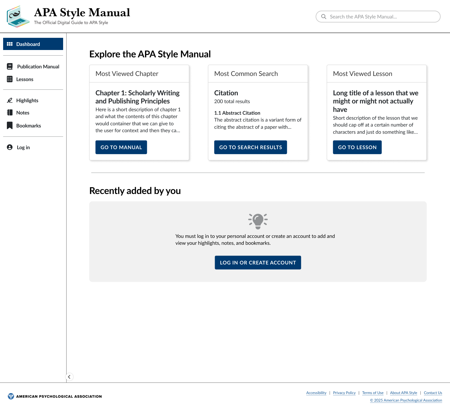 Dashboard empty state for a user who is not logged in: quick links to most-viewed content are shown, but the personal-tools panel prompts the user to log in or create an account to add highlights, notes, and bookmarks.