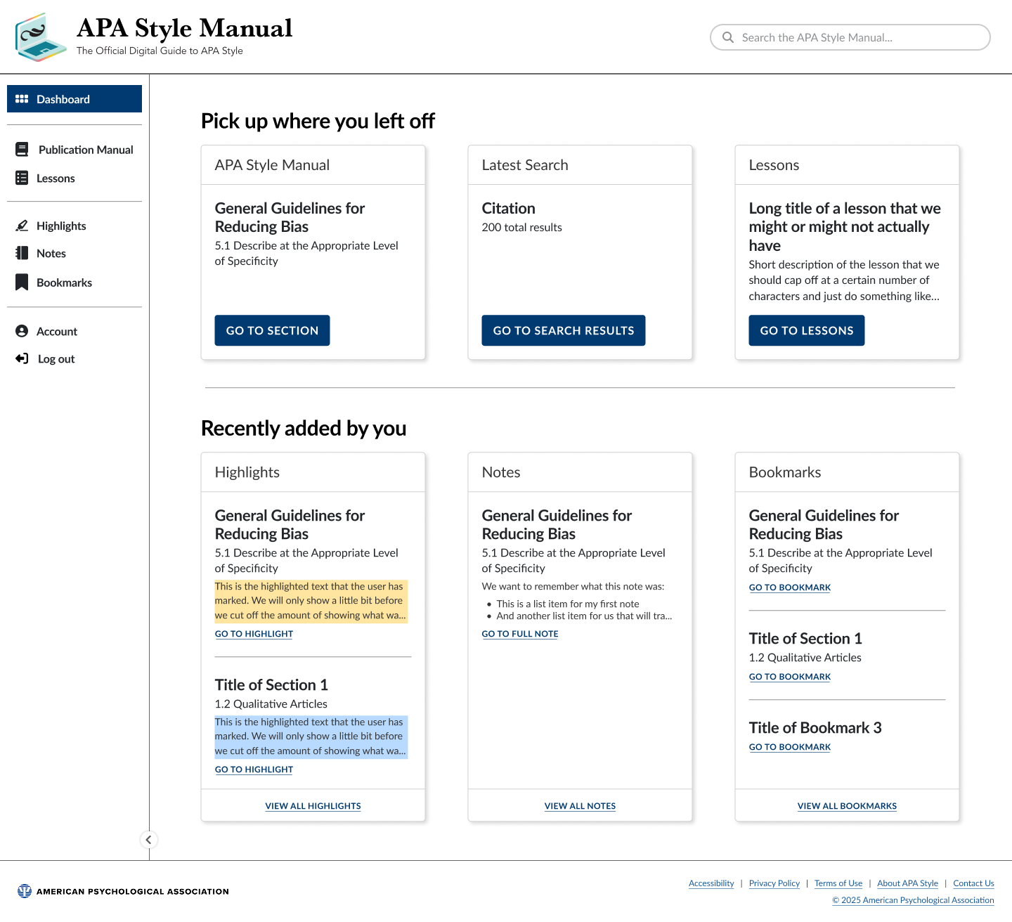 APA Style Manual Online dashboard, showing quick links to recently viewed sections, the most recent search, and a lessons module, alongside recently added highlights, notes, and bookmarks.