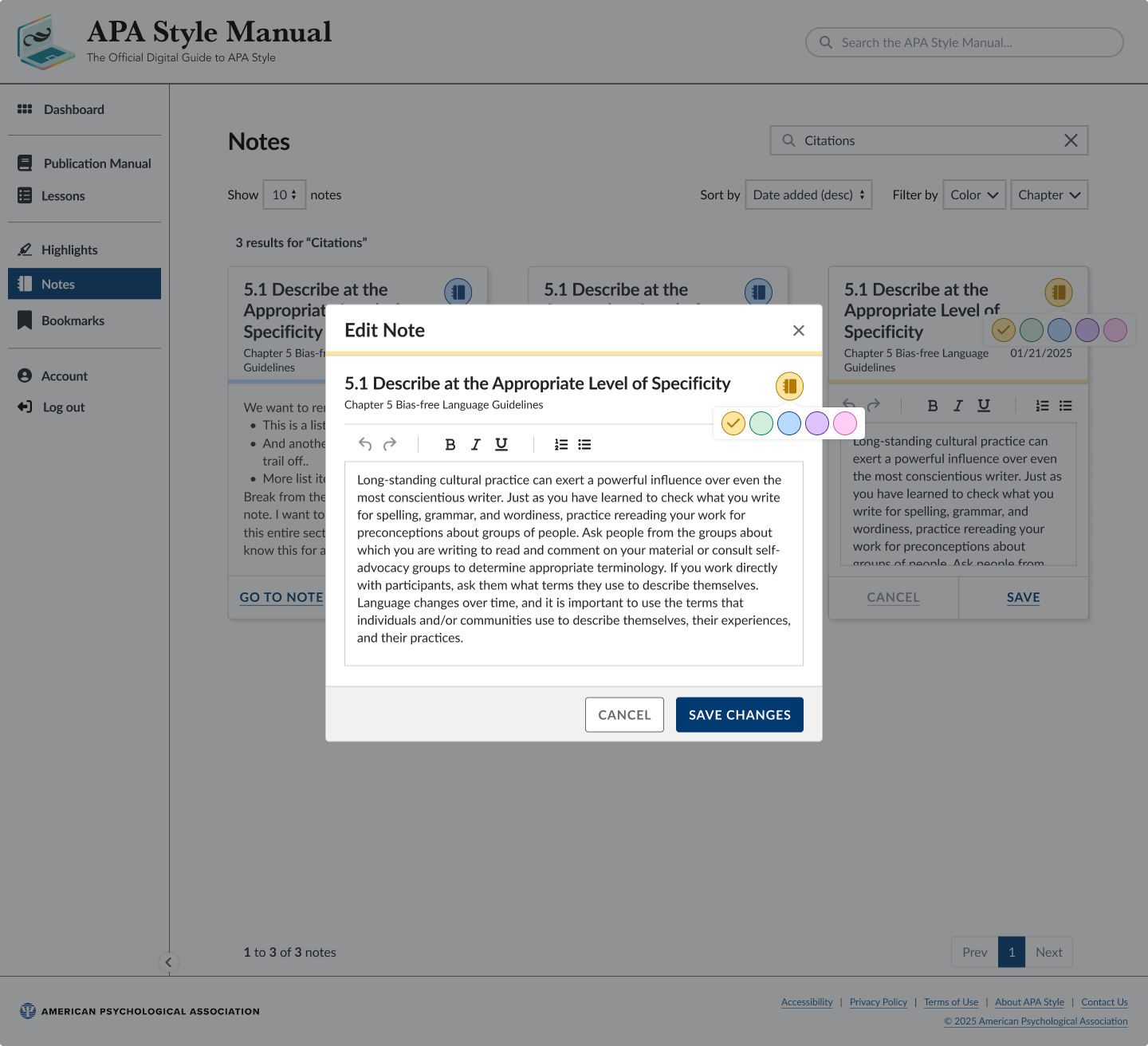 Edit Note modal open over the Notes page, showing a rich-text editor with formatting controls and a color-tag picker for the note being edited.