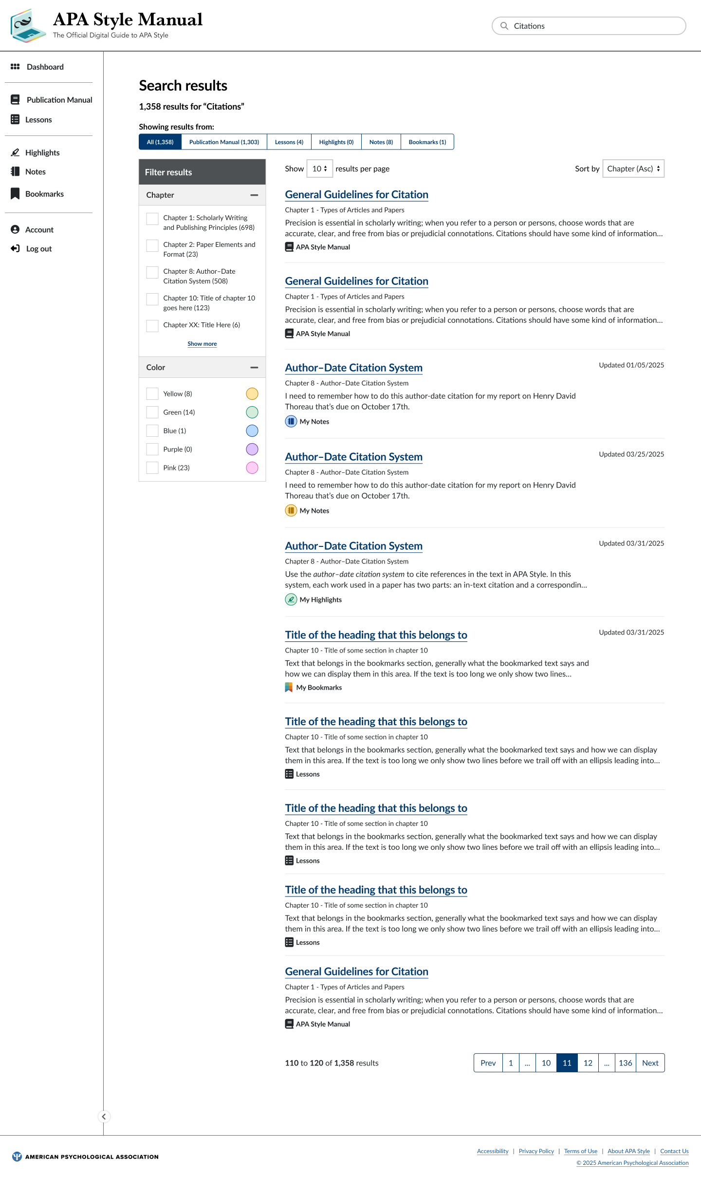 Search results page for the term “Citations,” showing 1,358 results with tabs to filter by content type (Publication Manual, Lessons, Highlights, Notes, Bookmarks), a chapter/color filter sidebar, and per-result metadata including chapter, excerpt, and source type.
